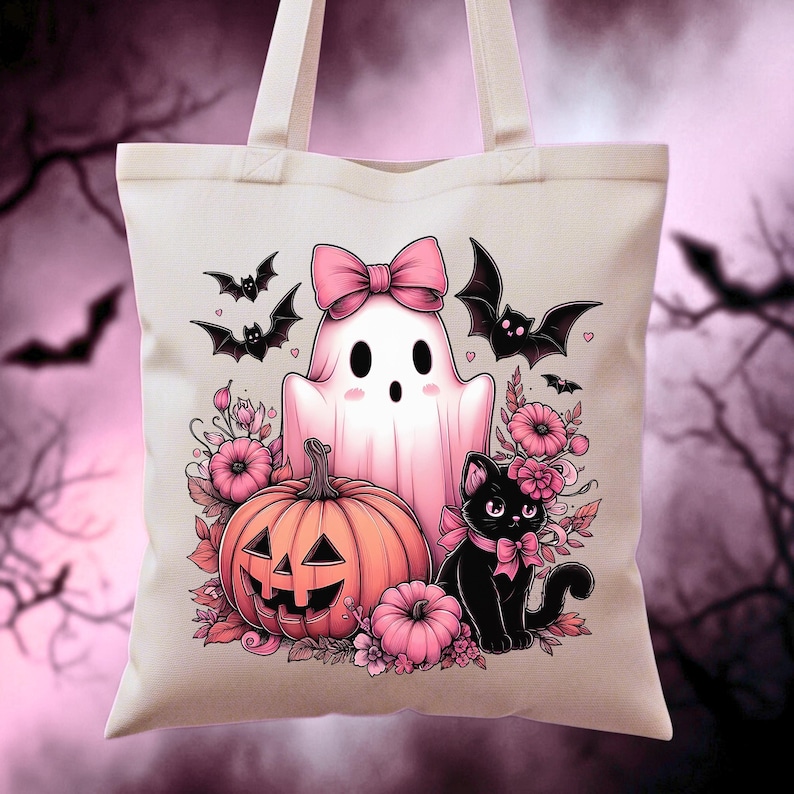 A whimsical printable illustration of a cute pink ghost with a pink bow, a black cat with a pink bow, a pumpkin with a jack-o-lantern face, and pink flowers. Perfect for personalizing Halloween t-shirts, hoodies, sweatshirts, tote bags, tumblers, and mugs.