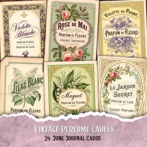 Può includere: Una collezione di etichette di profumi vintage con disegni floreali. Le etichette presentano un'elegante tipografia e illustrazioni di fiori come rose e gigli. Il testo include frasi come "Parfum de Fleurs". L'immagine include anche il testo "Vintage Perfume Labels 24 Junk Journal Cards".