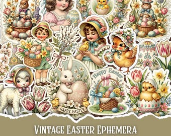 May include: A collection of vintage Easter ephemera, featuring illustrations of children, bunnies, chicks, and decorated eggs. The images are in soft pastel colors with floral accents. Text reads "Vintage Easter Ephemera" and "75+ Junk Journal Fussy Cuts."