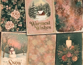 May include: A collection of vintage-style Christmas cards. Designs include floral patterns, winter scenes with snow-covered houses, and a snowman. The cards feature text such as "Warmest Wishes," "Let it Snow," and "Merry Christmas."