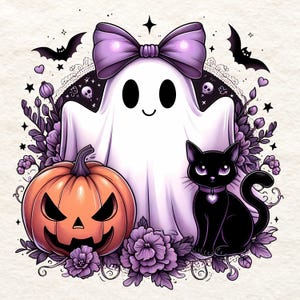 May include: A Halloween-themed illustration featuring a smiling ghost with a purple bow, a jack-o'-lantern, and a black cat with a heart-shaped collar. The design includes purple flowers, bats, and stars, creating a festive and whimsical scene.