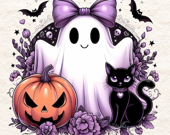 Cute ghost PNG, Black cat & Spooky pumpkin, Sublimation design for Shirt, Sweatshirt, Tumbler, Mug, Trick or Treat bag, Custom clipart