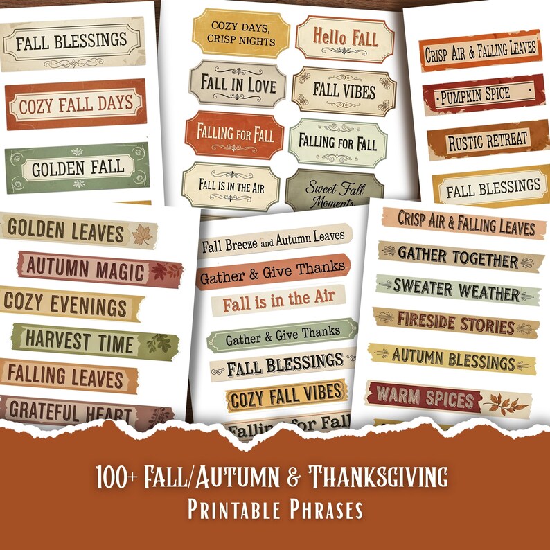 Fall Phrases, Printable Autumn Ephemera, Scrapbooking Strips (digital ...