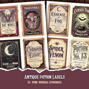 Può includere: Una collezione di etichette di pozioni antiche a tema gotico e Halloween. Le etichette presentano illustrazioni di pipistrelli, funghi, ragni e lune, con testi come "Bat Wings", "Toadstools" e "Spider Venom".