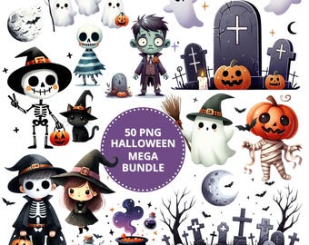 May include: A collection of Halloween-themed digital graphics. The image features various spooky characters like ghosts, skeletons, and zombies, along with pumpkins, tombstones, and bats. A circular graphic reads "50 PNG Halloween Mega Bundle."