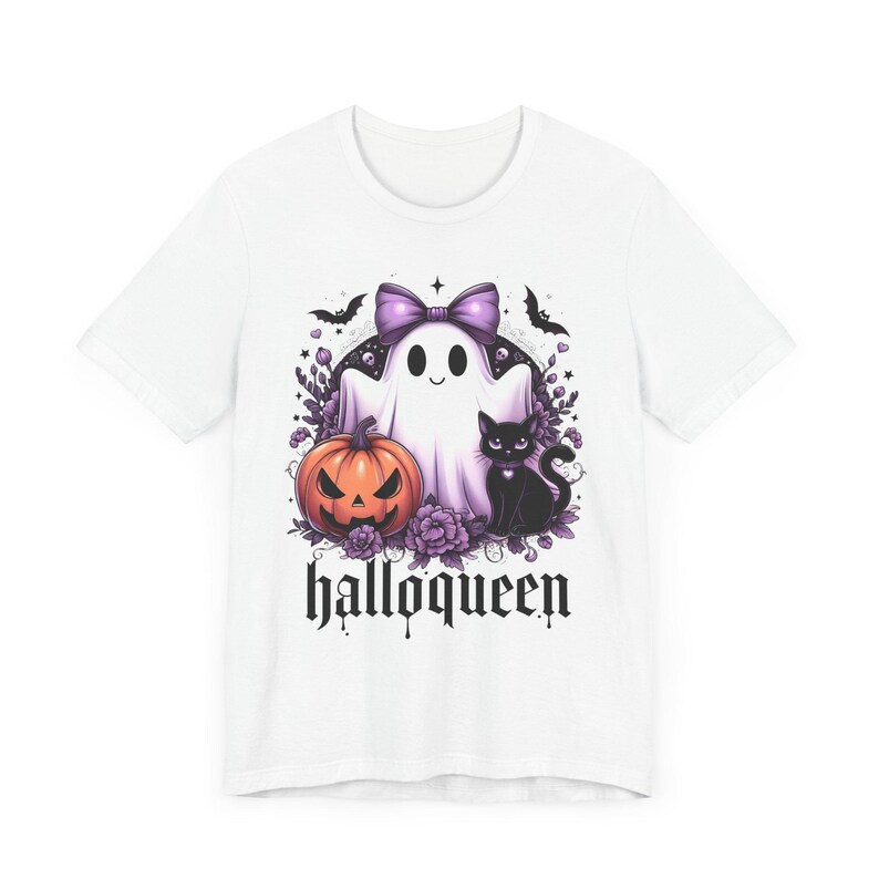 Purple and black Halloween themed graphic. The graphic features a ghost with a purple bow, a black cat, and a jack-o-lantern.