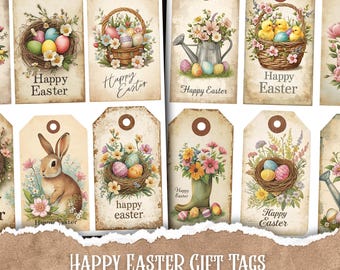 Easter Gift Tags, Happy Easter Labels, Junk Journal Ephemera, Spring Digital Download