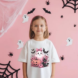 Cute Pink Ghost PNG, Pink Halloween, Black Cat & Spooky Pumpkin Sublimation Design for Shirt, Sweatshirt, Tumbler wrap or Tote Bag for Girls image 2