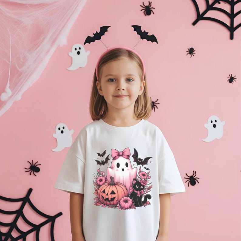 Cute Pink Ghost PNG, Pink Halloween, Black Cat & Spooky Pumpkin Sublimation Design for Shirt, Sweatshirt, Tumbler wrap or Tote Bag for Girls image 2