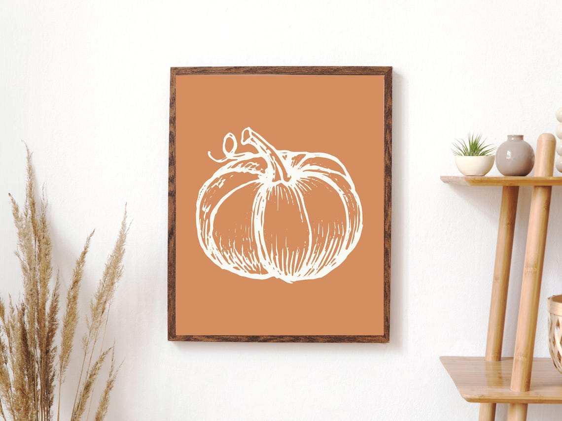 Happy Fall Line Art Pumpkin Digital Wall Art, Cozy Minimalistic Autumn ...