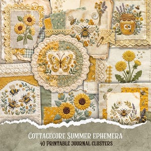Cottagecore Summer Ephemera - Embroidered Sunflower & Bee Journal Clusters, Vintage Fussy Cuts, Printable Pocket Tags