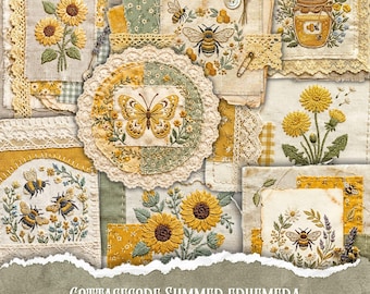 Op de afbeelding: Een collectie digitale ephemera in stofstijl met geborduurde motieven van zonnebloemen, honingbijen, vlinders en honingpotten op getextureerde achtergronden met kant, inclusief de tekst COTTAGECORE SUMMER EPHEMERA 40 PRINTABLE JOURNAL CLUSTERS.
