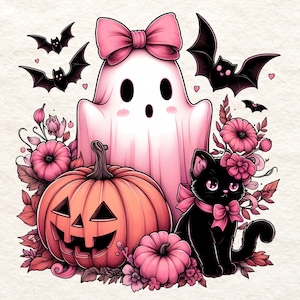 A whimsical printable illustration of a cute pink ghost with a pink bow, a black cat with a pink bow, a pumpkin with a jack-o-lantern face, and pink flowers. Perfect for personalizing Halloween t-shirts, hoodies, sweatshirts, tote bags, tumblers, and mugs.