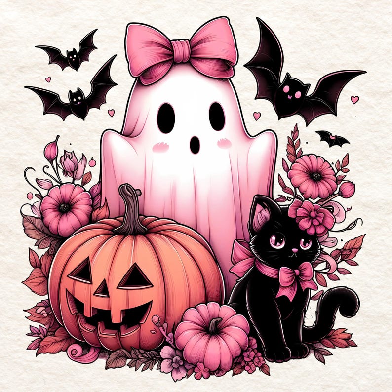 A whimsical printable illustration of a cute pink ghost with a pink bow, a black cat with a pink bow, a pumpkin with a jack-o-lantern face, and pink flowers. Perfect for personalizing Halloween t-shirts, hoodies, sweatshirts, tote bags, tumblers, and mugs.