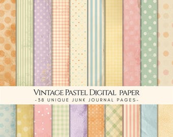 May include: A collection of vintage pastel digital paper sheets with various patterns, including polka dots, stripes, and gingham. The color palette features soft hues of orange, green, purple, and blue. The text reads "VINTAGE PASTEL DIGITAL PAPER -38 UNIQUE JUNK JOURNAL PAGES-"