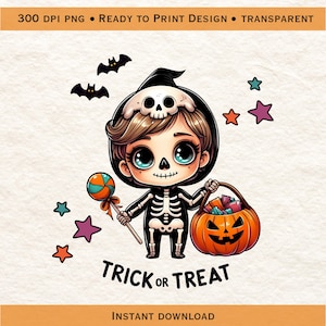 May include: A digital illustration of a child in a skeleton costume holding a lollipop and a jack-o'-lantern basket. The image includes the text "Trick or Treat" and is decorated with bats and stars. The top banner reads "300 DPI PNG • READY TO PRINT DESIGN • TRANSPARENT".