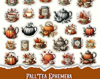May include: A collection of 42 printable stickers featuring fall-themed designs. The stickers include teacups, teapots, and containers with autumn leaves and pumpkins. The text "Fall Tea Ephemera" and "Fall Herbal Tea" are visible.