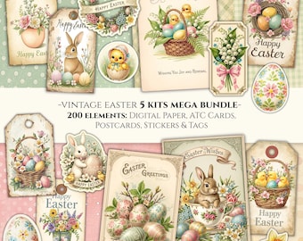 Easter Digital Paper, Junk Journal Ephemera, ATC Cards, Postcards, Stickers & Tags