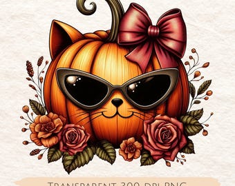 Pumpkin Cat PNG: Fall Thanksgiving Clipart (Commercial Use, Digital Download 12"x12")