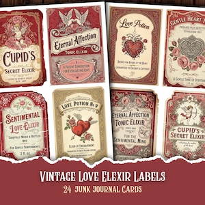Può includere: Una collezione di etichette di elisir d'amore in stile vintage con disegni ornati. Le etichette presentano illustrazioni di cuori, amorini ed elementi floreali, con testi come "Love Potion" e "Eternal Affection". È presente anche il testo "Vintage Love Elixir Labels" e "24 Junk Journal Cards".