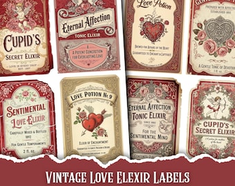 Puede incluir: Una colección de etiquetas de elixir de amor de estilo vintage con diseños ornamentados. Las etiquetas presentan ilustraciones de corazones, cupidos y elementos florales, con textos como "Love Potion" y "Eternal Affection". También está presente el texto "Vintage Love Elixir Labels" y "24 Junk Journal Cards".