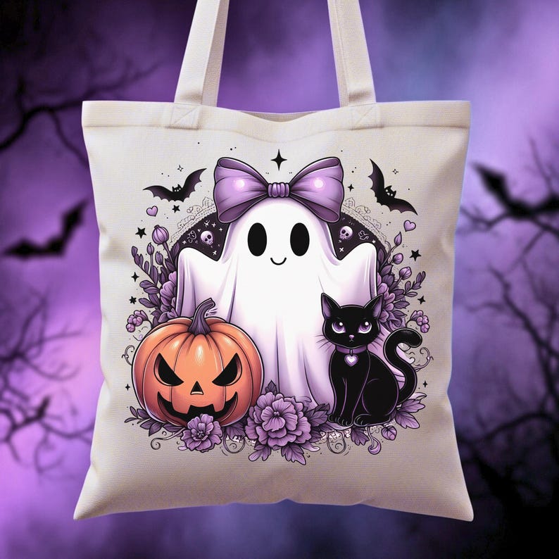 Purple and black Halloween themed graphic. The graphic features a ghost with a purple bow, a black cat, and a jack-o-lantern.