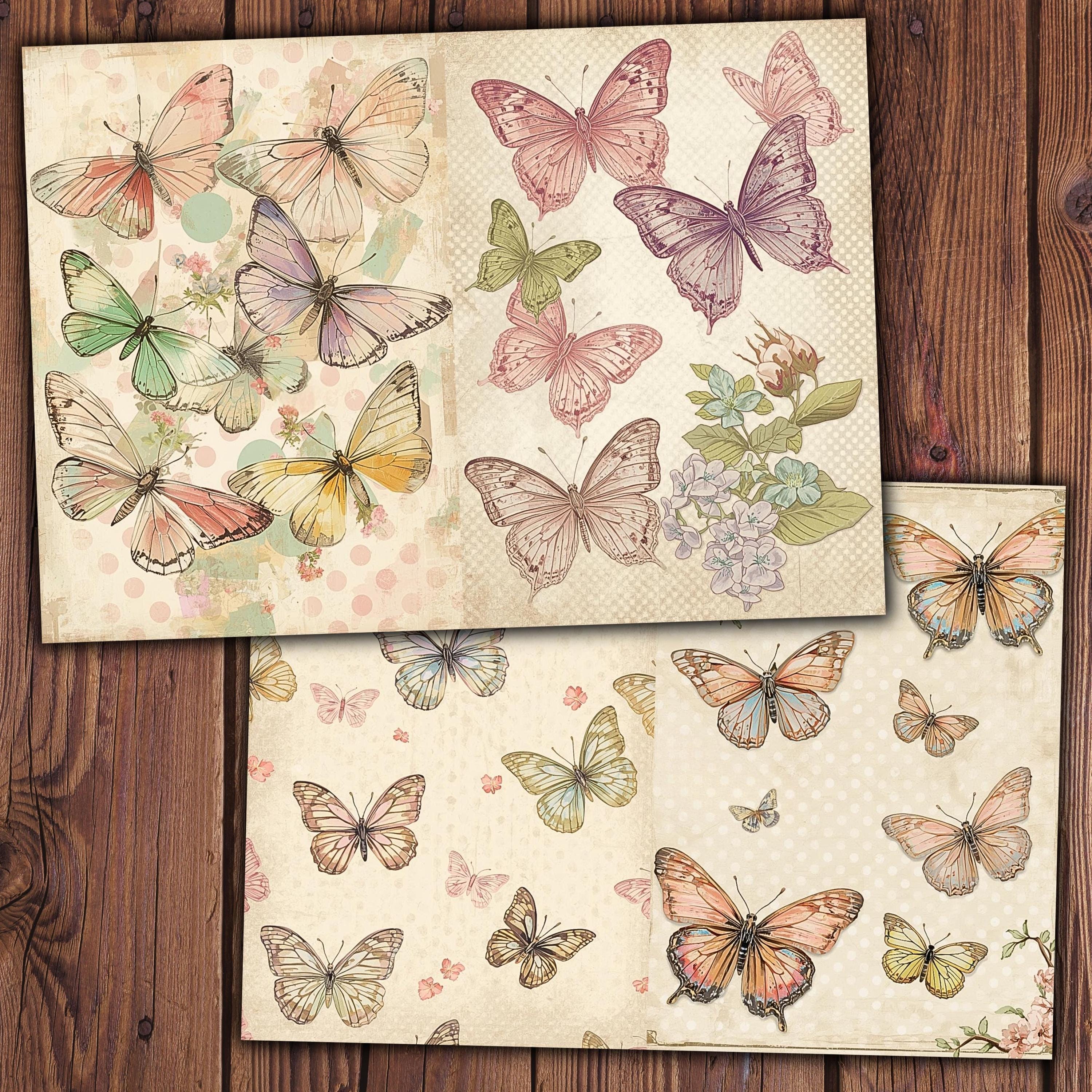 Vintage Butterfly Digital Paper, Printable Botanical Junk Journal Pages ...