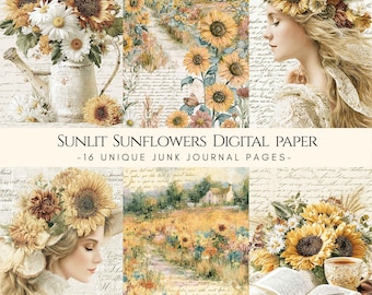 Op de afbeelding: Een collectie digitaal papier met zonnebloemen, achtergronden met vintage handschrift, bloemstukken in gieters, landschappen met velden en huisjes, en portretten van personen versierd met zonnebloemkransen.