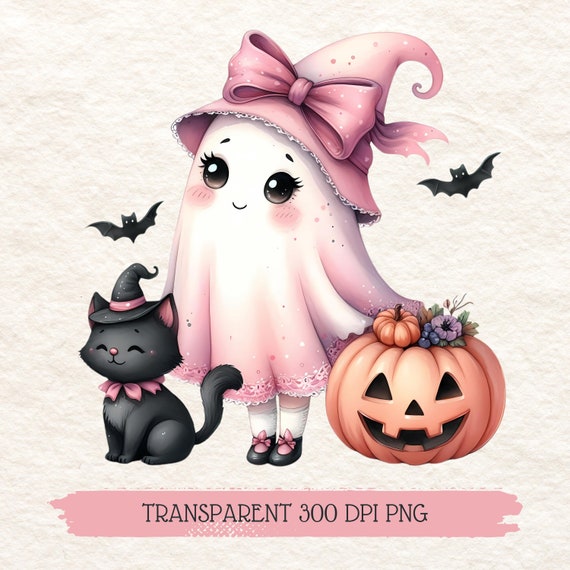 Kawaii Pink Ghost PNG: Halloween Clipart, Black Cat, Pumpkin (Digital Download)