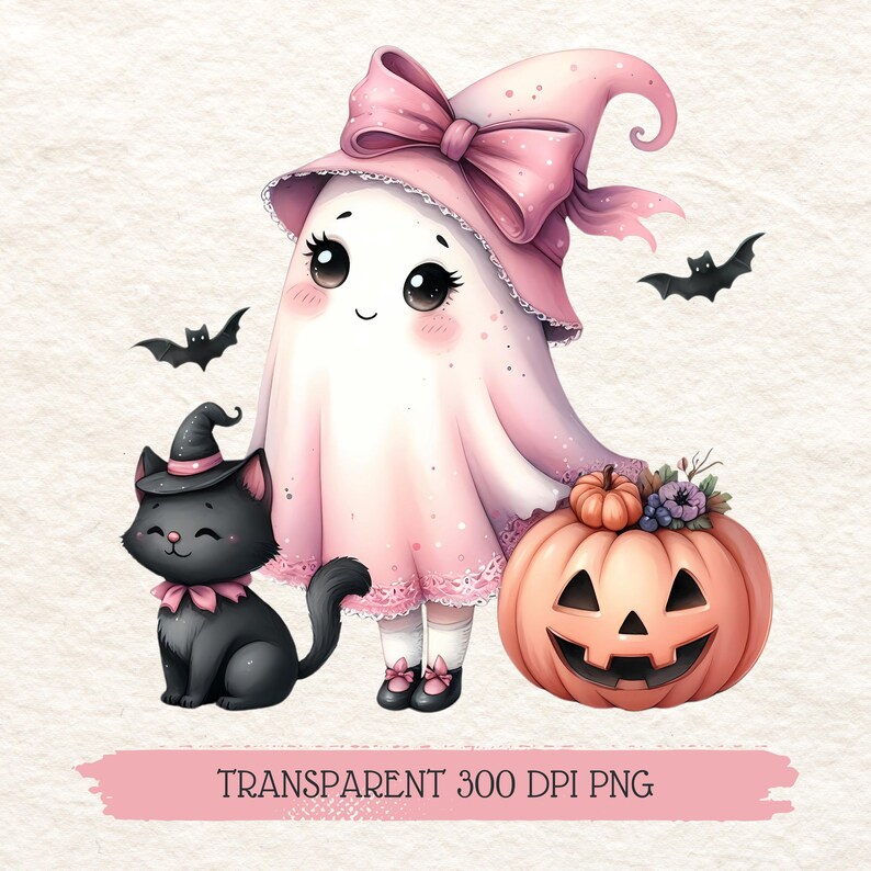 Adorable Halloween-themed illustration featuring a cute pink ghost wearing a pink witch hat with a bow, accompanied by a black cat in a miniature witch hat.  A smiling jack-o'-lantern adds to the festive scene.  The image is a 300 DPI PNG with a transparent background.