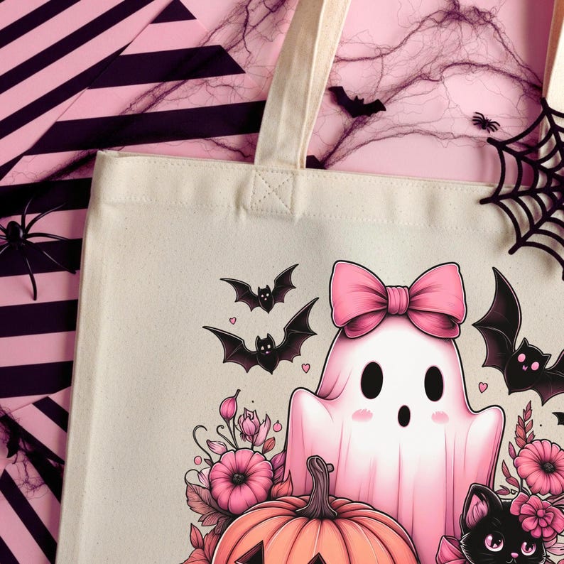Cute Pink Ghost PNG, Pink Halloween, Black Cat & Spooky Pumpkin Sublimation Design for Shirt, Sweatshirt, Tumbler wrap or Tote Bag for Girls image 4