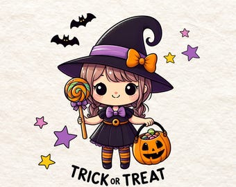 Trick or Treat Bag PNG for Girl, Cute Little Witch Clipart, Custom Halloween Design for Shirts, Hoodies & Sweatshirts, Personalized Tote Bag