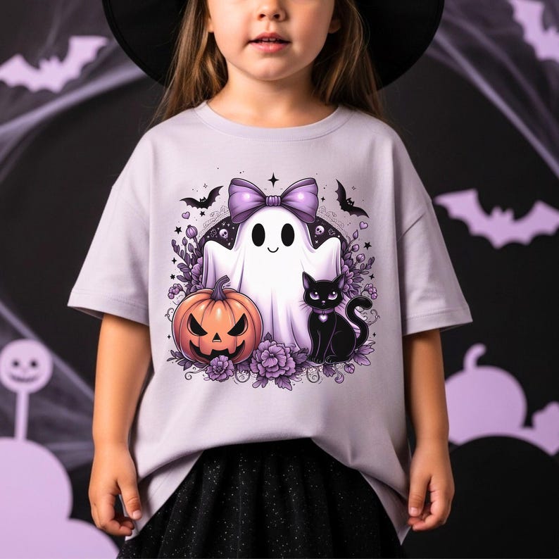Purple and black Halloween themed graphic. The graphic features a ghost with a purple bow, a black cat, and a jack-o-lantern.