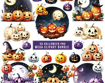 May include: A collection of Halloween-themed clipart featuring various pumpkins with carved faces, some wearing witch hats, and set against night sky backgrounds with moons and stars. The text reads "50 Halloween PNG Mega Clipart Bundle."