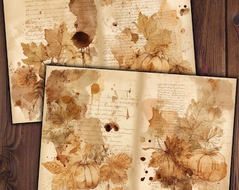 May include: Two open pages of vintage-style paper with a sepia-toned design. The pages feature watercolor illustrations of pumpkins and autumn leaves, with handwritten script and coffee-like stains. The overall theme is fall and rustic.