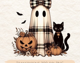 Retro Halloween Ghost PNG: Black Cat & Pumpkin Clipart (Digital Download)