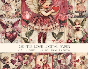 May include: Digital paper set featuring vintage illustrations of cherubic figures with wings, holding hearts, surrounded by roses and floral elements. The text "Gentle Love Digital Paper" is displayed.