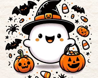 Cute Little Ghost PNG, Custom Halloween Kids Design for Shirts, Sweatshirts, Candy Bags, Personalized Trick or Treat Bag PNG