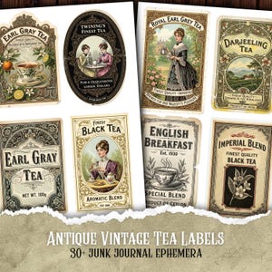 Tea Time Labels Printable Ephemera, Victorian Junk Journal Kit, ATC Cards, Retro Kitchen Stickers