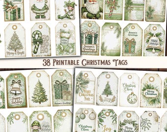 Rustic Christmas Tags, Printable Holiday Labels, Retro Festive Ephemera, Junk Journal Supplies, Holiday Scrapbooking