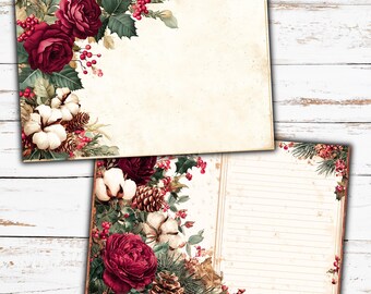 May include: Two vintage-style stationery sheets with floral and botanical illustrations. The designs feature burgundy roses, cotton bolls, pine cones, and holly leaves. The paper has a cream-colored background with a distressed, aged appearance.