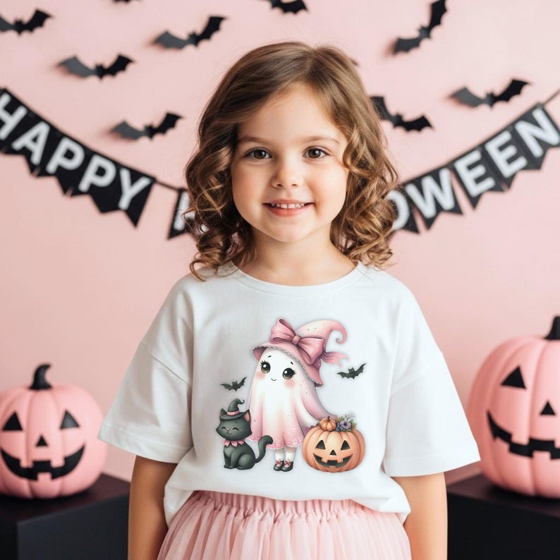 Adorable Halloween-themed illustration featuring a cute pink ghost wearing a pink witch hat with a bow, accompanied by a black cat in a miniature witch hat.  A smiling jack-o'-lantern adds to the festive scene.  The image is a 300 DPI PNG with a transparent background. Perfect for printing on Halloween T-shirts, Hoodies, or tote bags.