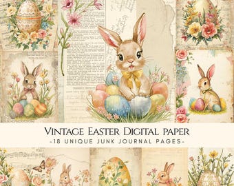 May include: Vintage Easter digital paper with 18 unique junk journal pages. The collage features watercolor illustrations of Easter eggs, bunnies, and flowers. The color palette includes soft pastels, beige, and floral accents, creating a charming, nostalgic feel.