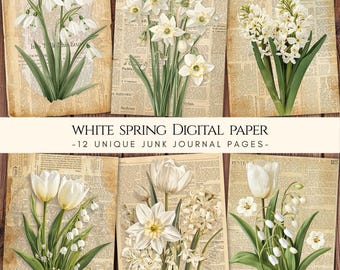 Spring Junk Journal Pages, White Flowers and Newspaper Digital Paper Pack