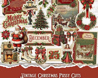 Utskrivbara vintage-julklipp, retro-julklappsset för skräpjournaler och scrapbooking