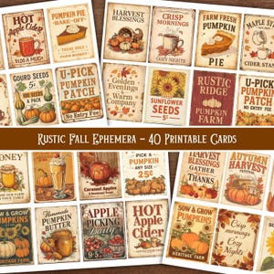 Puede incluir: Una colección de 40 tarjetas imprimibles de efemérides rústicas de otoño. Las tarjetas presentan ilustraciones y texto de estilo vintage relacionados con el otoño, incluyendo calabazas, sidra de manzana y temas de cosecha. Las tarjetas tienen un aspecto envejecido.