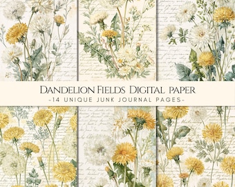 Op de afbeelding: Een collectie digitaal papier met botanische illustraties van gele en witte paardenbloemen tegen een achtergrond van vintage cursief schrift. De tekst DANDELION FIELDS DIGITAL PAPER - 14 UNIQUE JUNK JOURNAL PAGES staat in het midden.