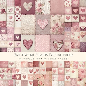 Pode incluir: Papel digital com um design de patchwork com corações e padrões florais em tons de rosa, rosa e creme. O texto "PATCHWORK HEARTS DIGITAL PAPER" é exibido.