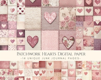 Patchwork Hearts Digital Paper, Valentine Junk Journal Pages, Vintage ...