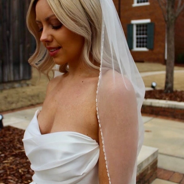 Pearl Bridal Veil, Beaded Veil, Crystal Veil, Off-White Wedding Veil, Beaded Edge Veil, Chapel Veil, Crystal Edge Veil, Pearl Edge Veil